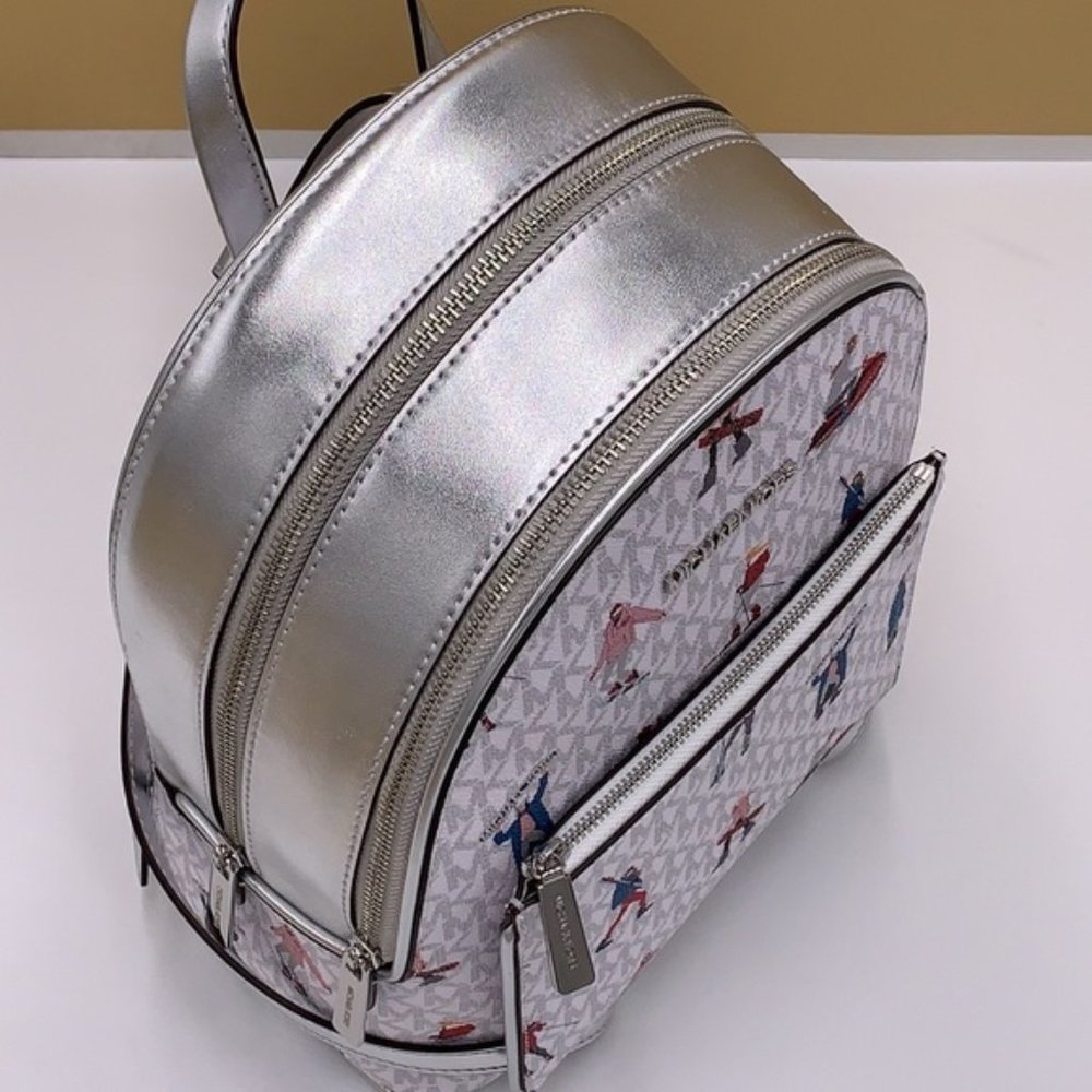 Michael Kors Jet Set Girls Adina Medium Backpack Bright White Silver Multi - Picture 9 of 16